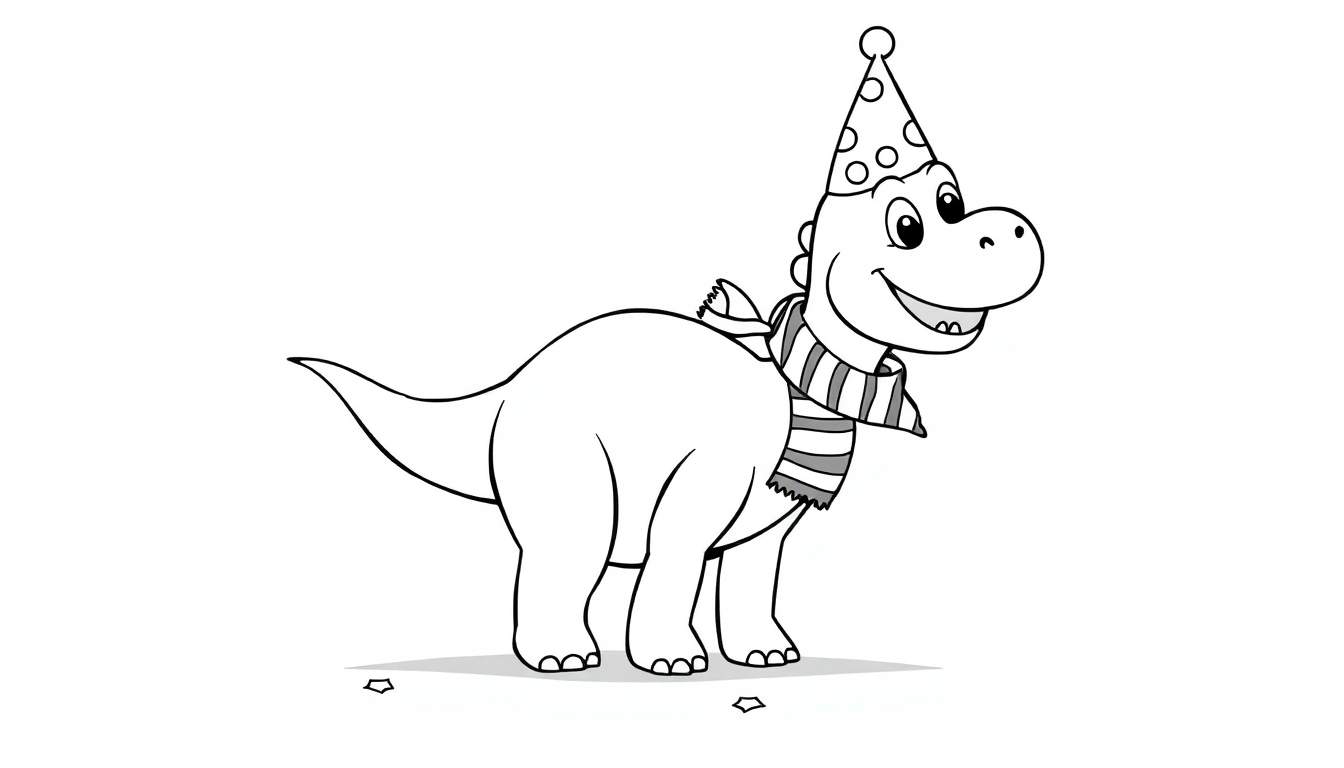 A smiling cartoon dinosaur wearing a polka dot party hat and a striped scarf, on a color panel.