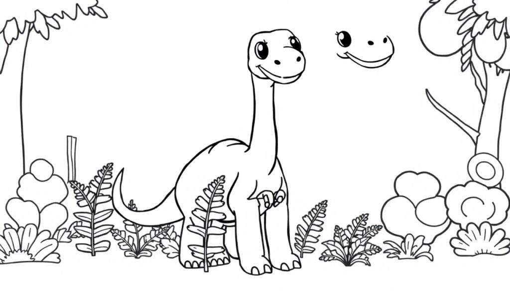 A black and white color panel of a happy baby diplodocus eating leaves with another dinosaur head nearby.