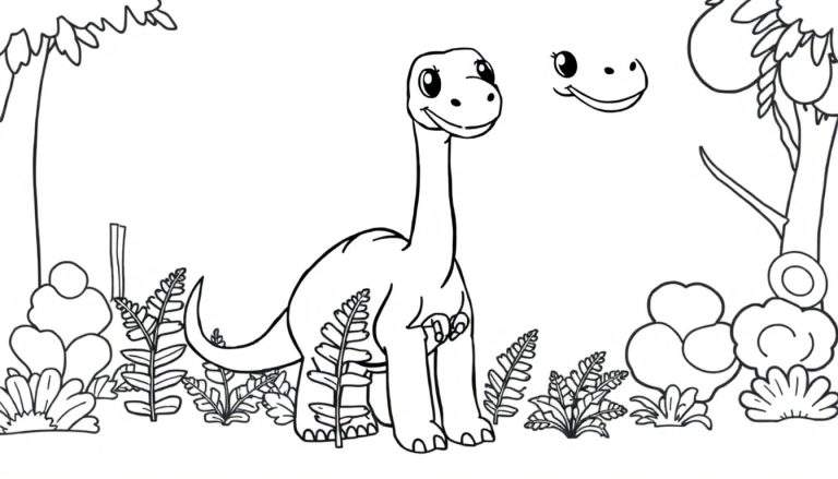 A black and white color panel of a happy baby diplodocus eating leaves with another dinosaur head nearby.