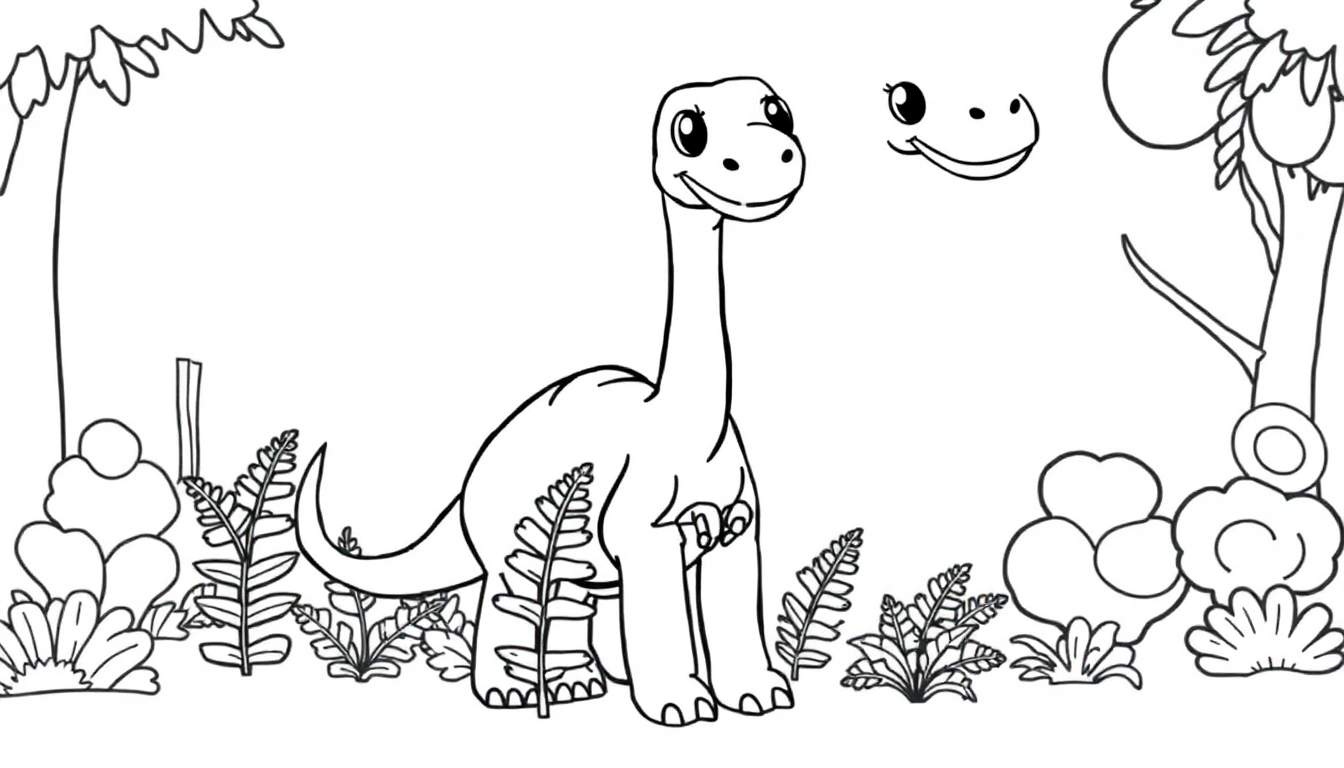 A black and white color panel of a happy baby diplodocus eating leaves with another dinosaur head nearby.