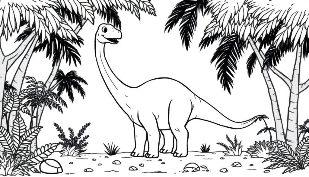 A happy Diplodocus with a long neck and tail, munching on leaves in a prehistoric forest, black and white coloring page and color panel.