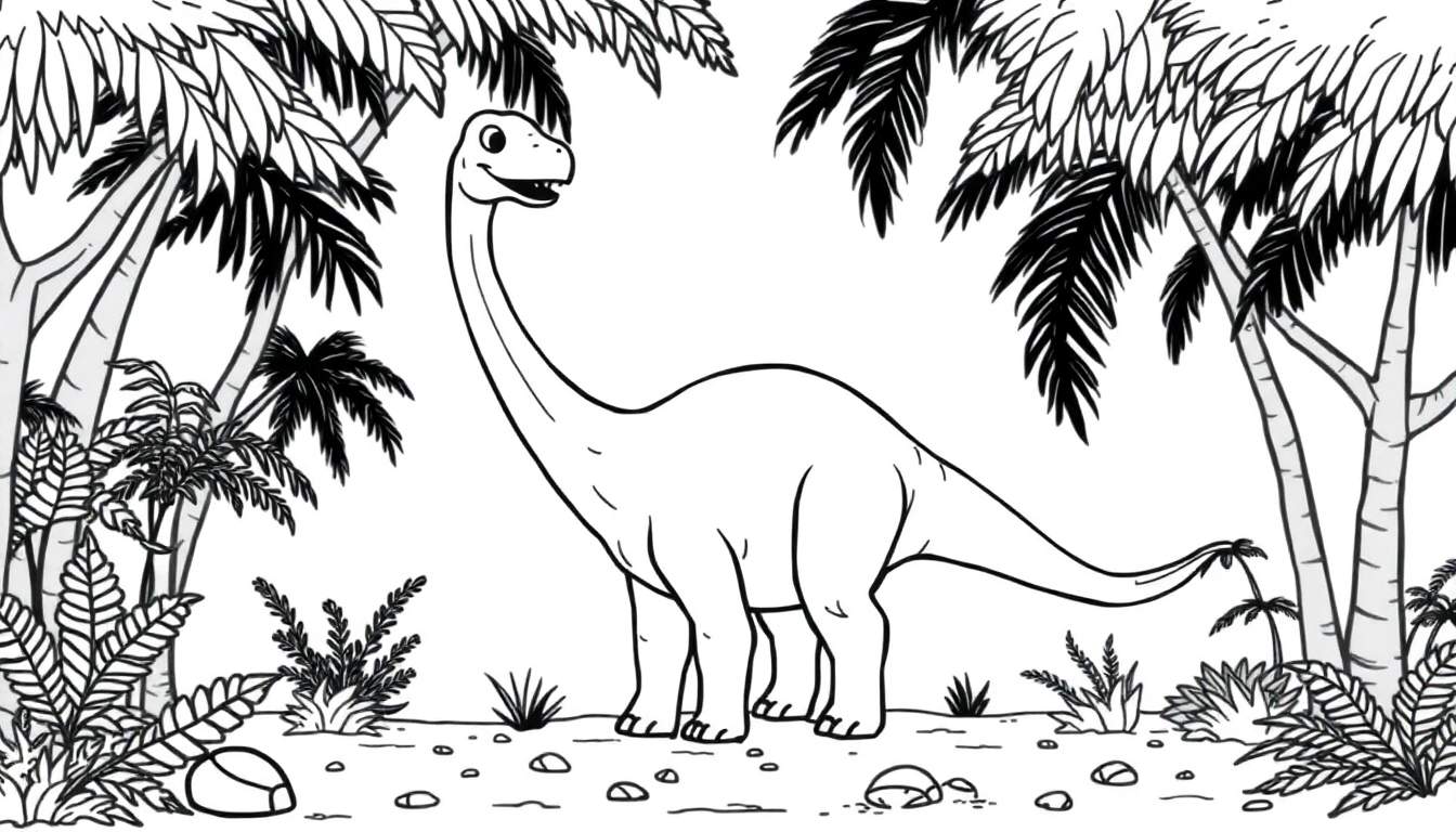 A happy Diplodocus with a long neck and tail, munching on leaves in a prehistoric forest, black and white coloring page and color panel.
