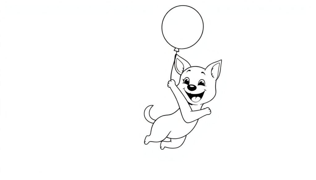A happy cartoon dog floating with a balloon, ready to color in this fun color panel.