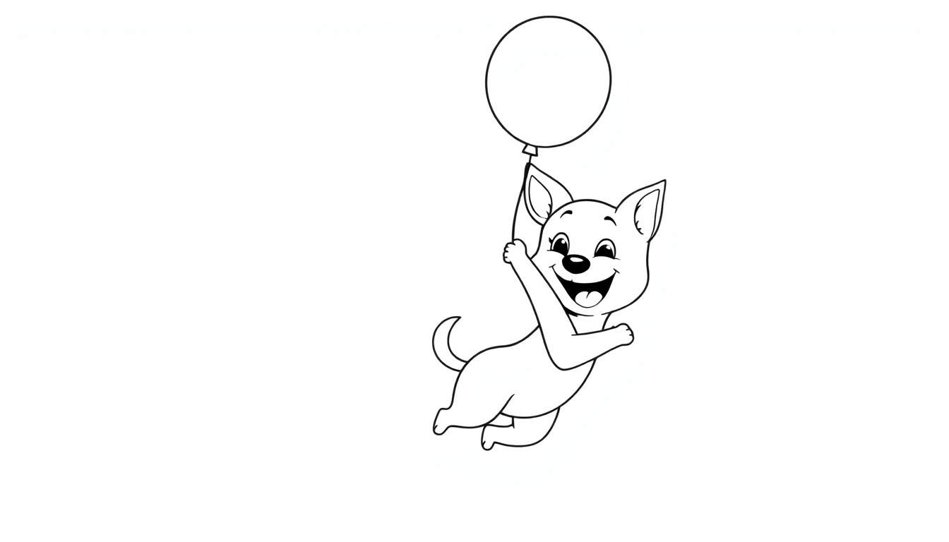 A happy cartoon dog floating with a balloon, ready to color in this fun color panel.