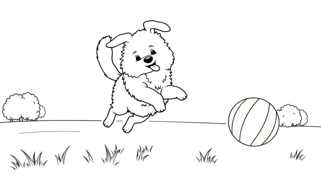 A fluffy dog jumping for a ball, a fun color panel.
