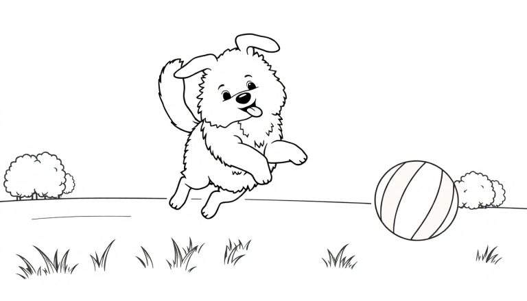 A fluffy dog jumping for a ball, a fun color panel.