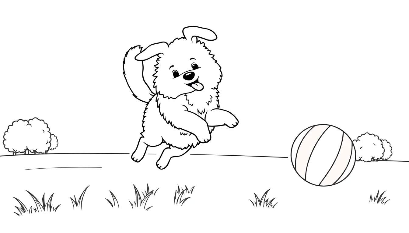 A fluffy dog jumping for a ball, a fun color panel.