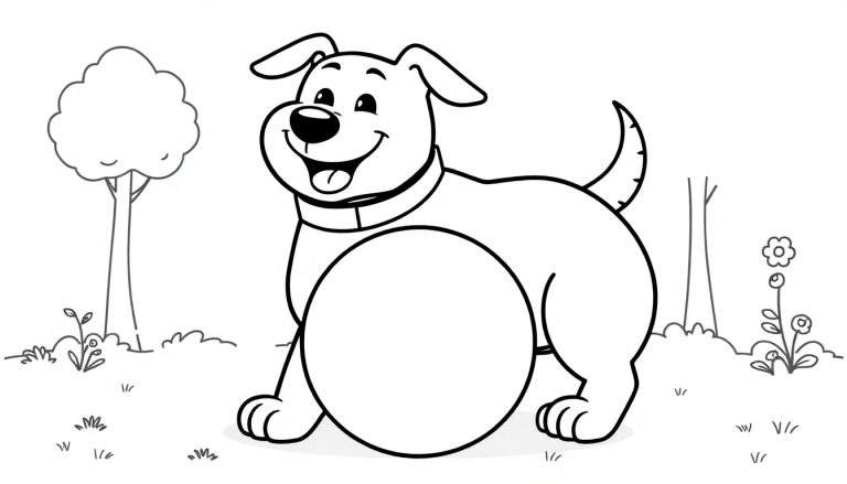 A happy black and white dog with a full belly, standing in a park with a tree and flower, on a color panel.
