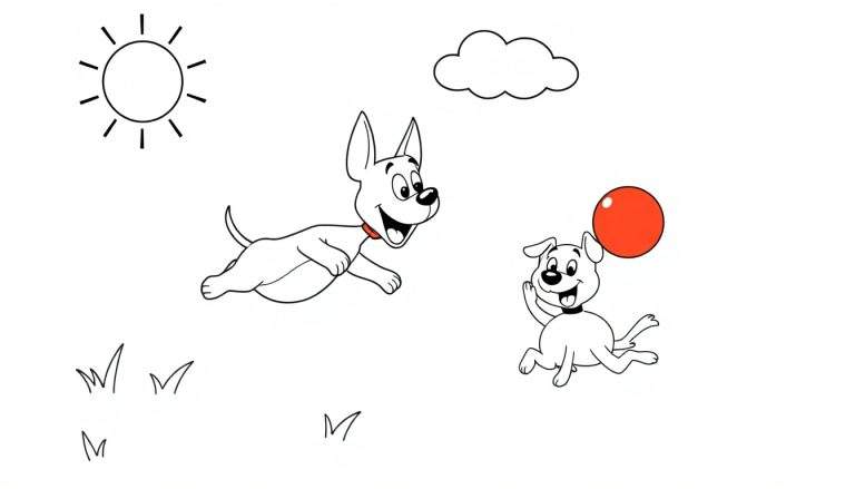 A cute color panel featuring two happy dogs playing fetch under a sunny sky with a fluffy cloud.