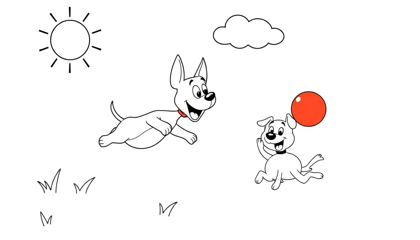A cute color panel featuring two happy dogs playing fetch under a sunny sky with a fluffy cloud.