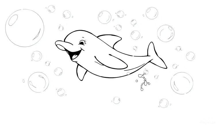 A happy cartoon dolphin smiling in a black and white color panel, surrounded by playful bubbles.