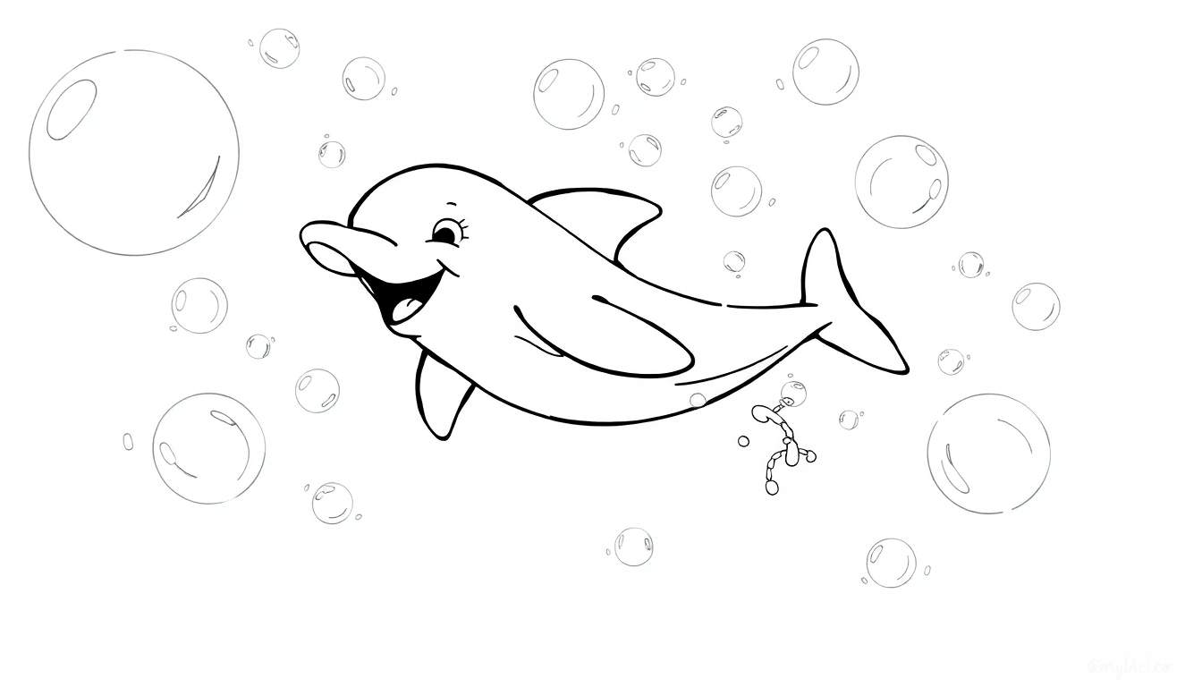 A happy cartoon dolphin smiling in a black and white color panel, surrounded by playful bubbles.