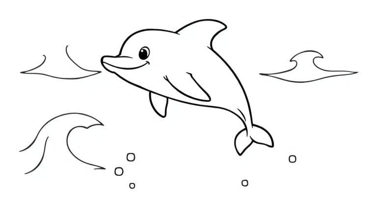 A black and white cartoon dolphin jumping out of the water, a fun color panel for kids.