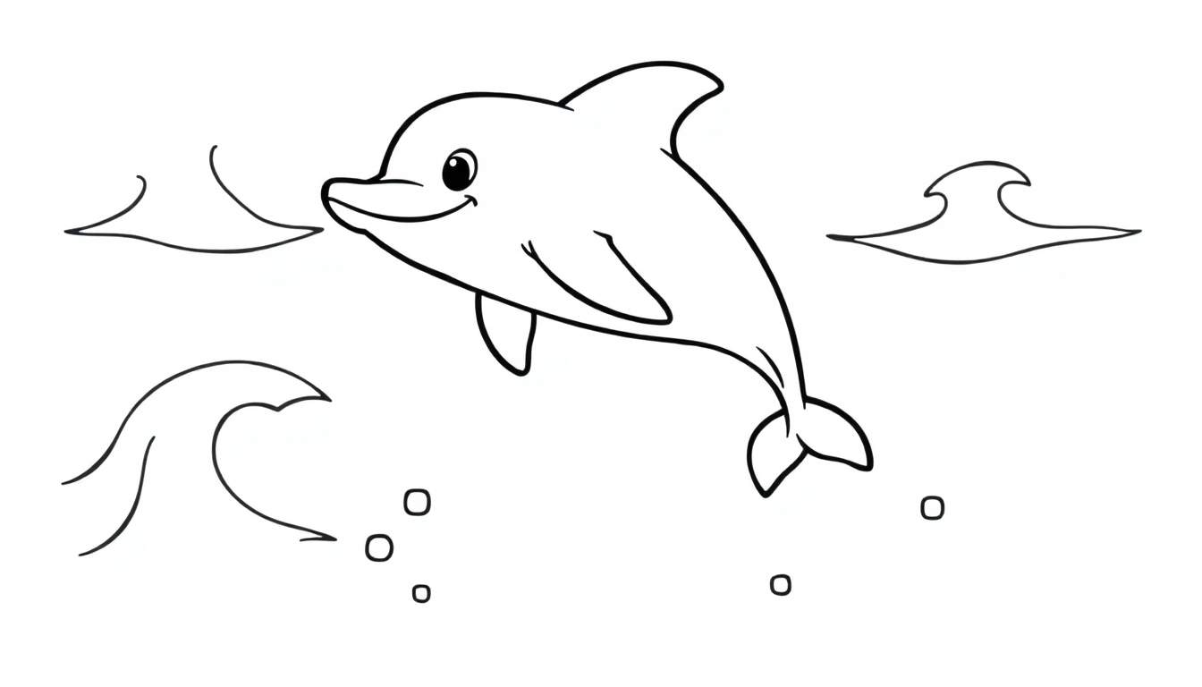 A black and white cartoon dolphin jumping out of the water, a fun color panel for kids.