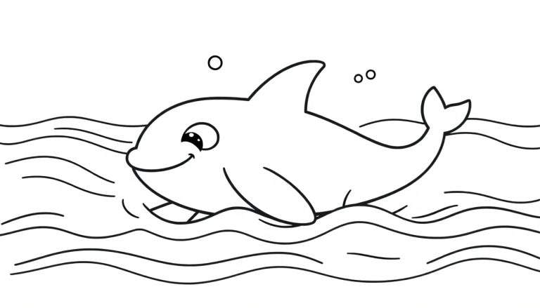 A cute dolphin in a black and white color panel, swimming through waves with a big smile.
