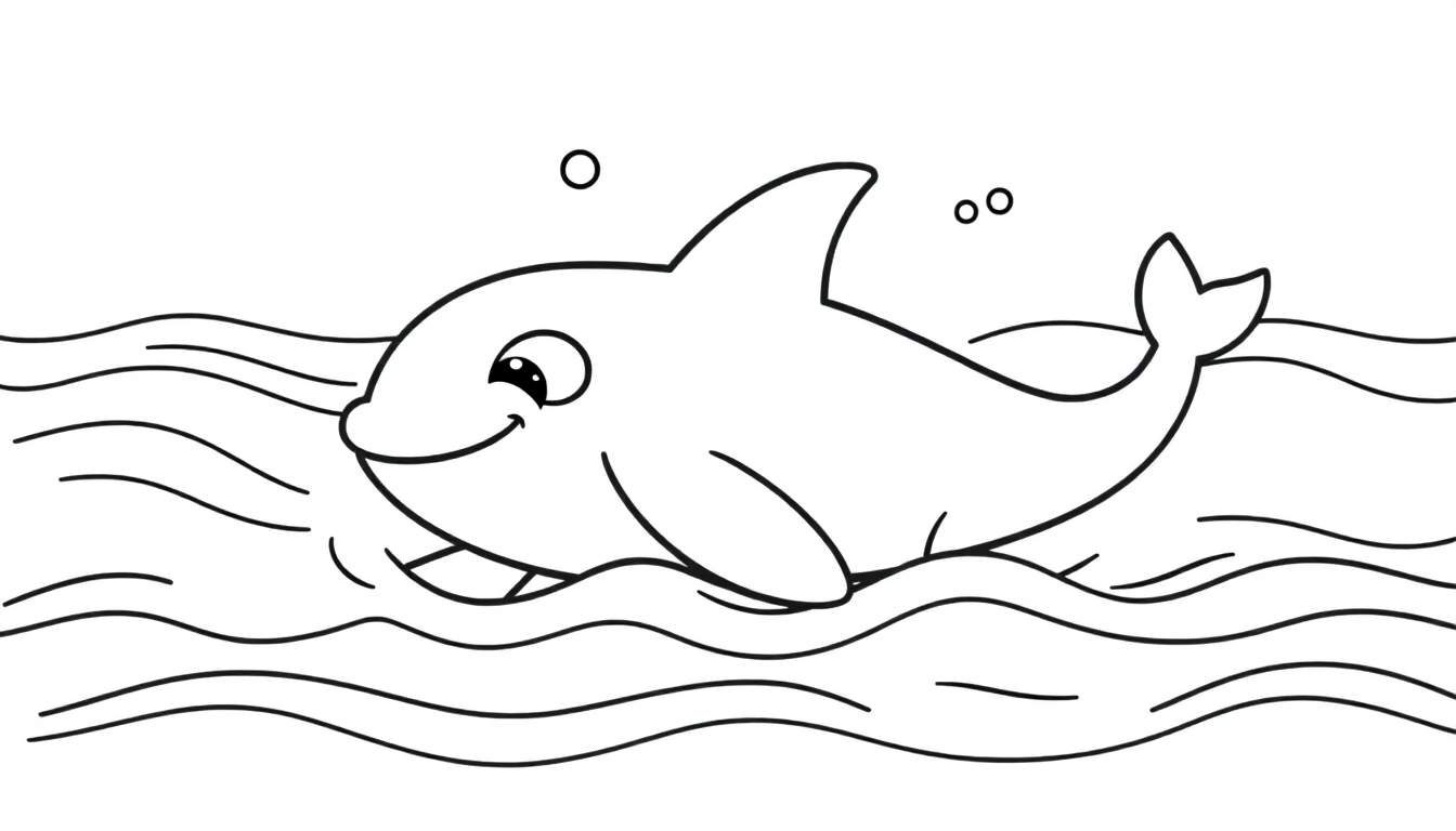 A cute dolphin in a black and white color panel, swimming through waves with a big smile.