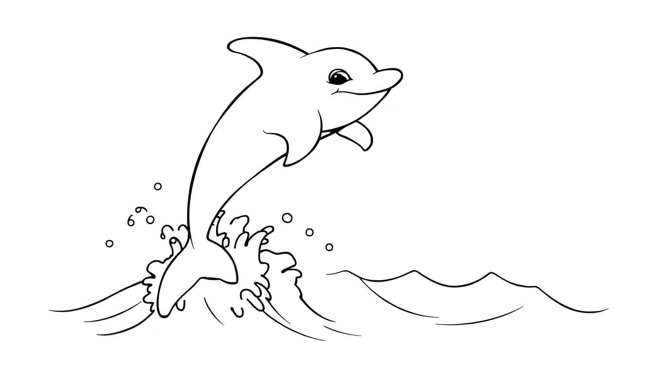 A happy dolphin leaping from the ocean waves, ready for a color panel.