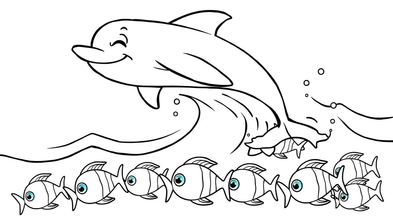 A playful dolphin jumping from the water, surrounded by little fish, a fun color panel for kids.