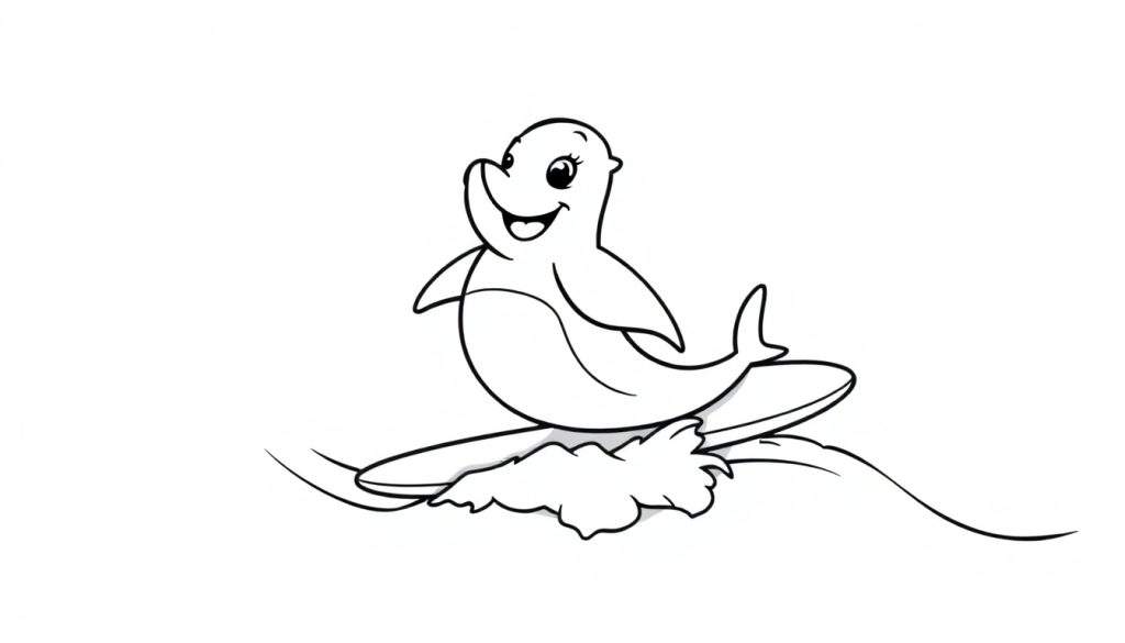 A happy dolphin surfing on a wave, a black and white color panel for kids.