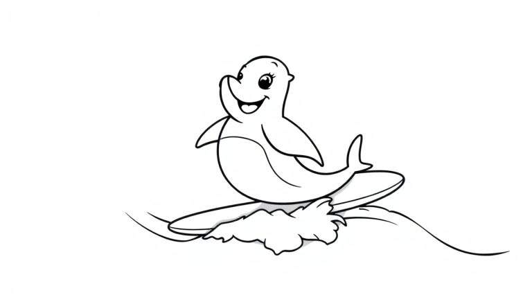 A happy dolphin surfing on a wave, a black and white color panel for kids.