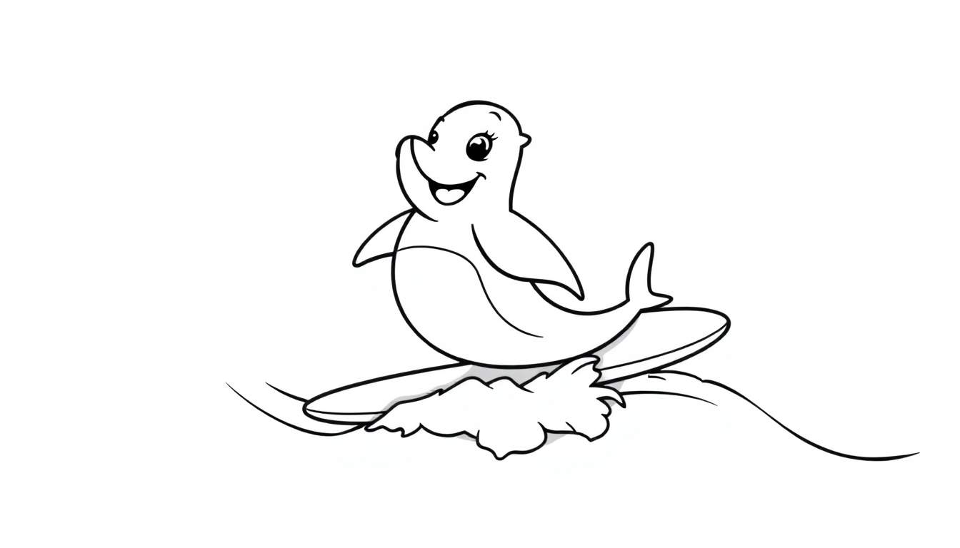 A happy dolphin surfing on a wave, a black and white color panel for kids.