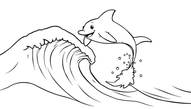 A happy dolphin jumping out of a wave, ready for coloring. Black and white, simple lines for kids, a perfect color panel.