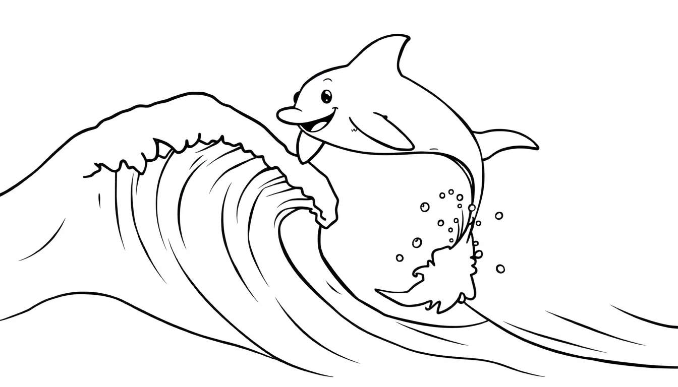 A happy dolphin jumping out of a wave, ready for coloring. Black and white, simple lines for kids, a perfect color panel.