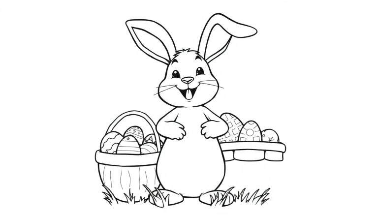 A black and white color panel of a happy cartoon bunny holding Easter eggs, with a basket and wooden container of eggs to its sides, set against a grassy background.