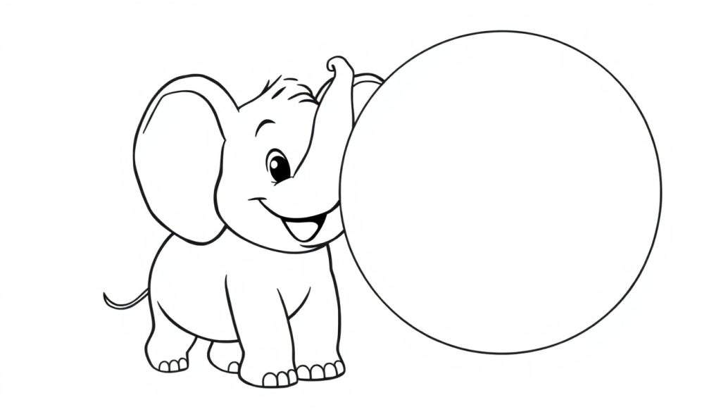 A happy cartoon elephant is playing with a big balloon, perfect for a color panel.
