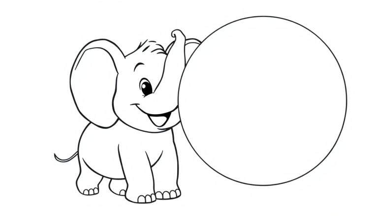 A happy cartoon elephant is playing with a big balloon, perfect for a color panel.