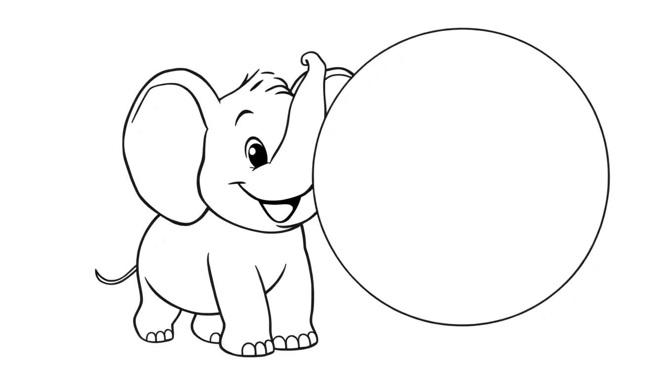 A happy cartoon elephant is playing with a big balloon, perfect for a color panel.