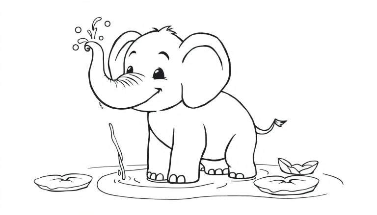 A happy cartoon elephant splashing water, black and white coloring page color panel.