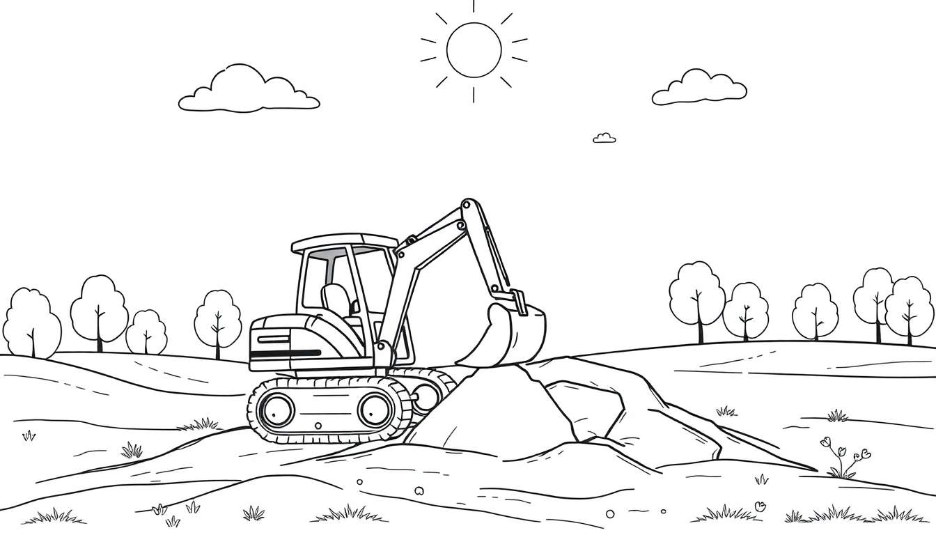 A happy little excavator digging in a sunny park, a black and white coloring page with a color panel.