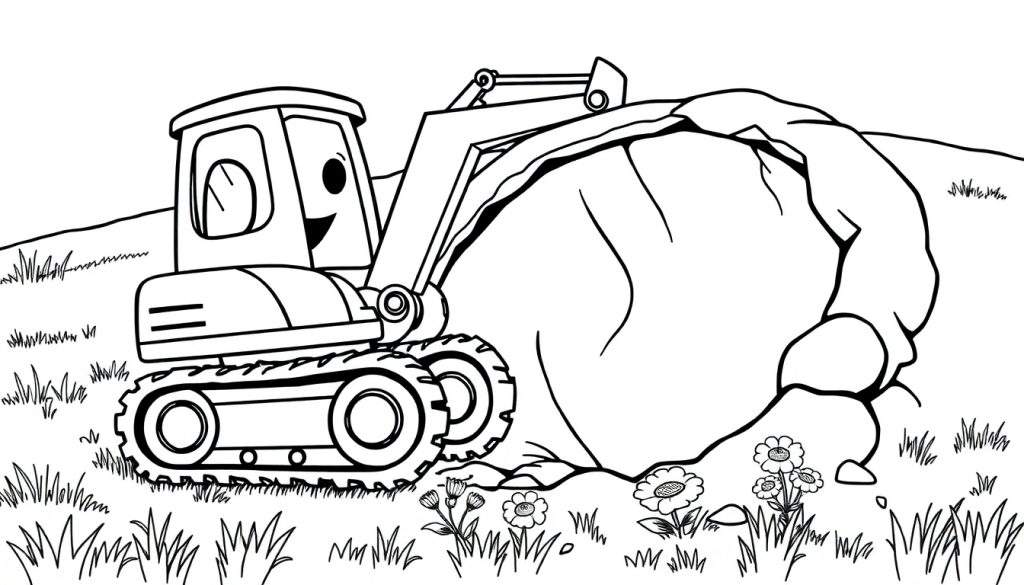A cute cartoon excavator with a smiling face and big eyes is digging a large pile of dirt on a construction site, in a black and white coloring panel.