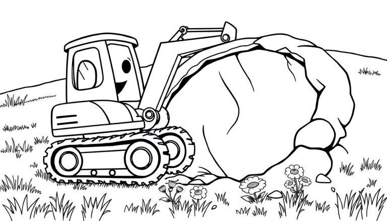 A cute cartoon excavator with a smiling face and big eyes is digging a large pile of dirt on a construction site, in a black and white coloring panel.