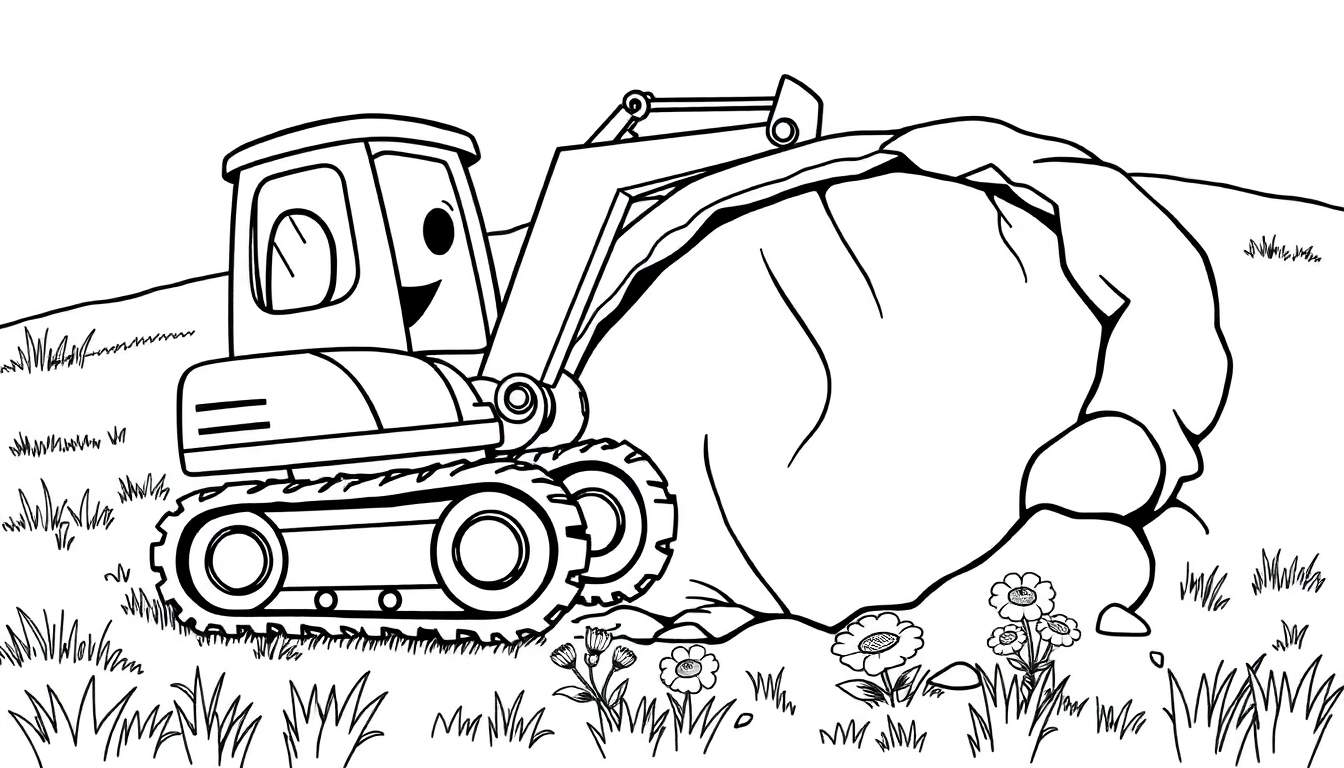 A cute cartoon excavator with a smiling face and big eyes is digging a large pile of dirt on a construction site, in a black and white coloring panel.