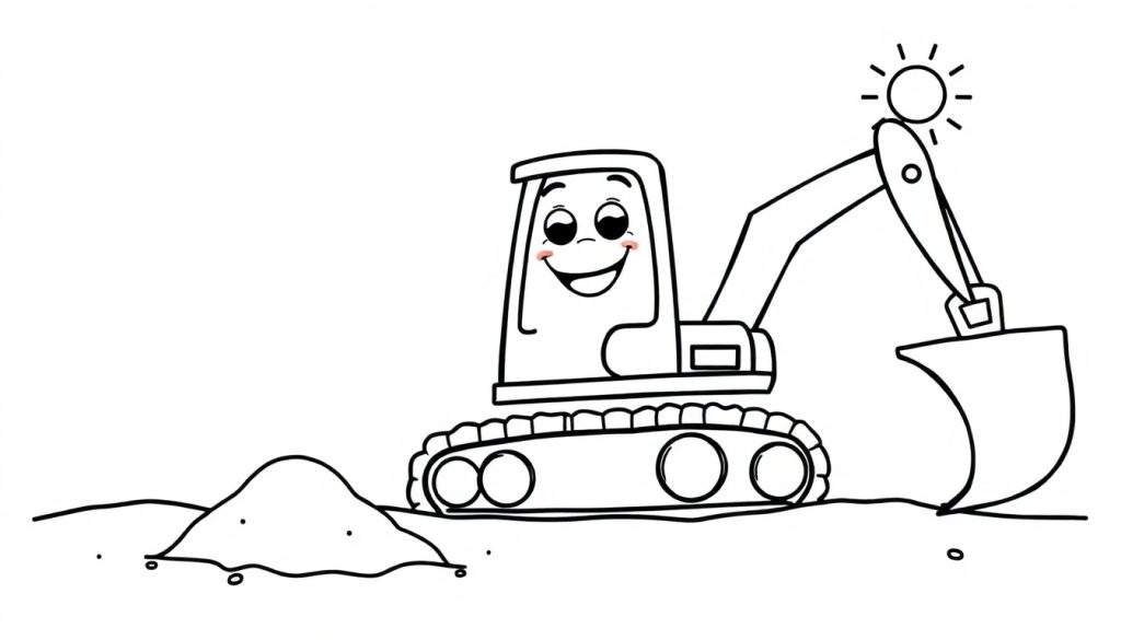 A friendly black and white outline cartoon excavator smiling and digging, part of a color panel.