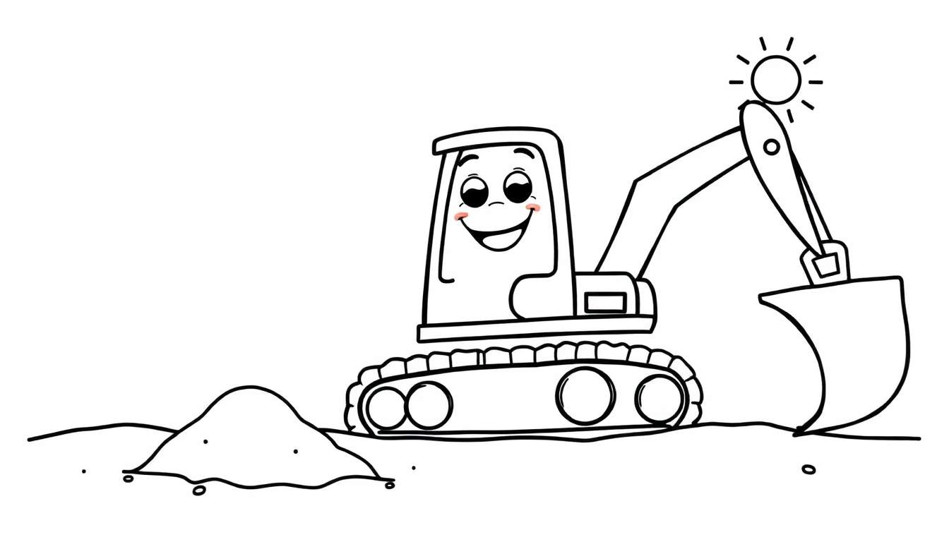 A friendly black and white outline cartoon excavator smiling and digging, part of a color panel.