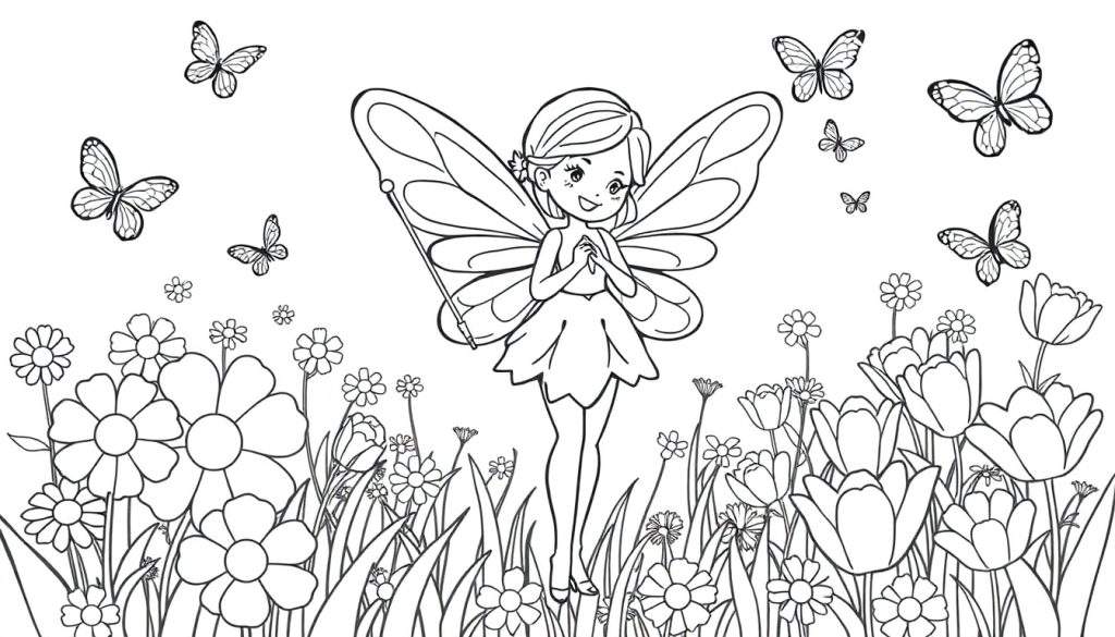 A black and white coloring page of a happy fairy with sparkly wings, holding a magic wand, amidst flowers and butterflies. Perfect for a coloring panel.