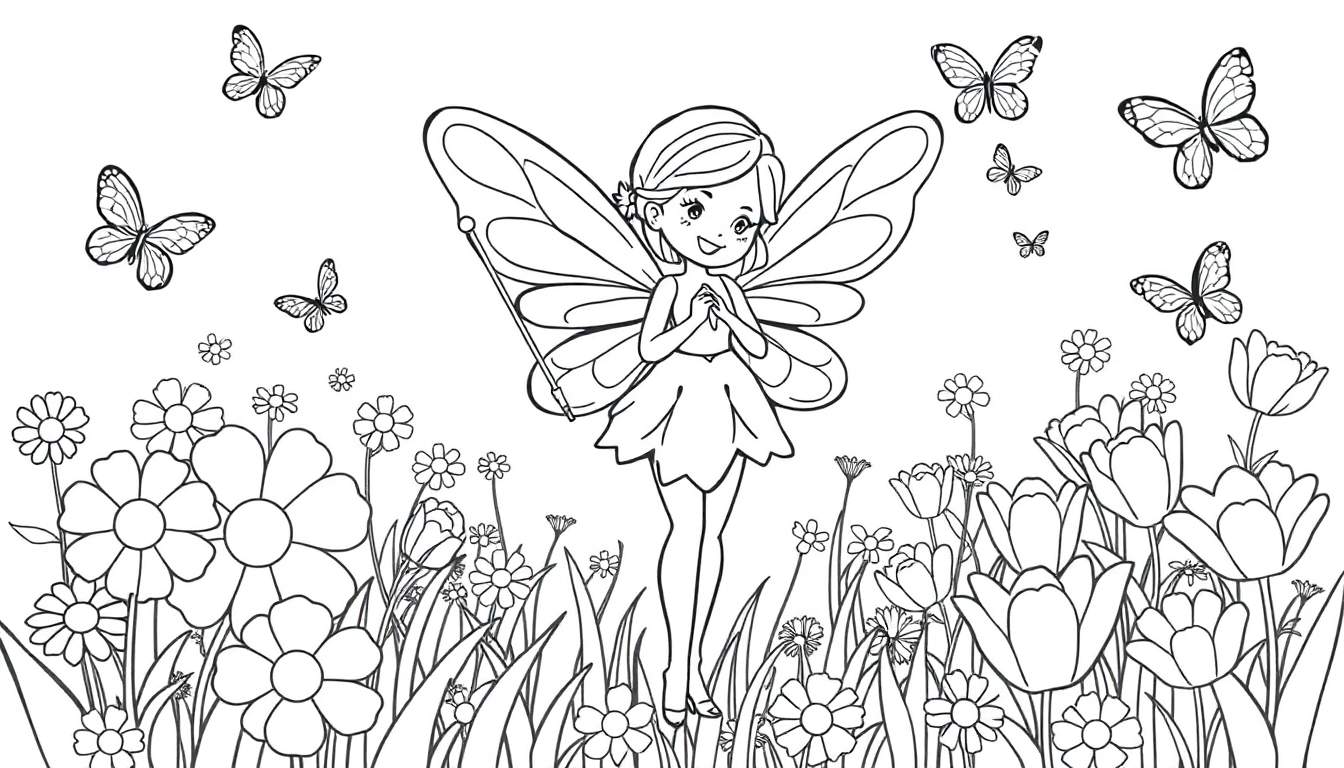 A black and white coloring page of a happy fairy with sparkly wings, holding a magic wand, amidst flowers and butterflies. Perfect for a coloring panel.