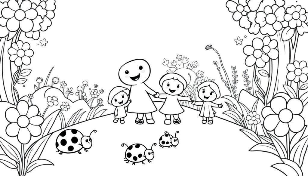A black and white color panel shows a happy family walking among flowers with ladybugs.