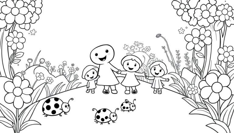 A black and white color panel shows a happy family walking among flowers with ladybugs.
