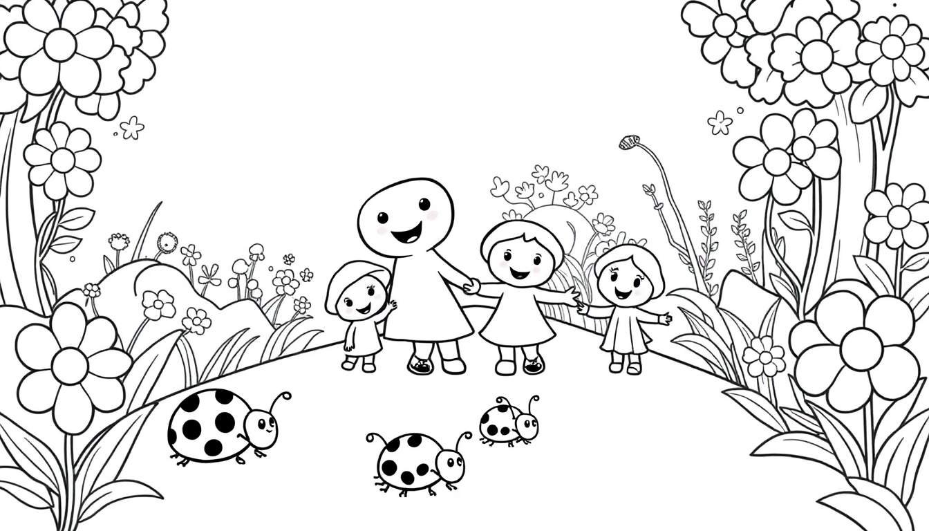 A black and white color panel shows a happy family walking among flowers with ladybugs.