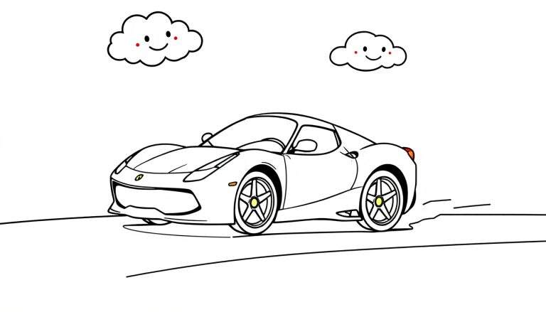 A cute, black and white coloring page of a friendly Ferrari sports car zooming down a simple road with happy clouds overhead, a delightful color panel.