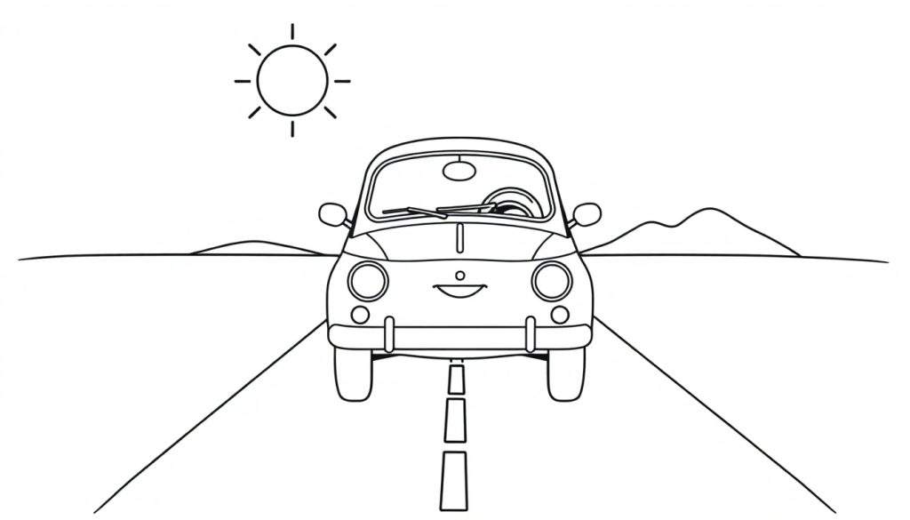 A cute black and white Fiat 500 car with big eyes, driving on a road with a dashed line. Mountains and a sun are in the blurred background of this color panel. The car looks happy in this peaceful color panel.