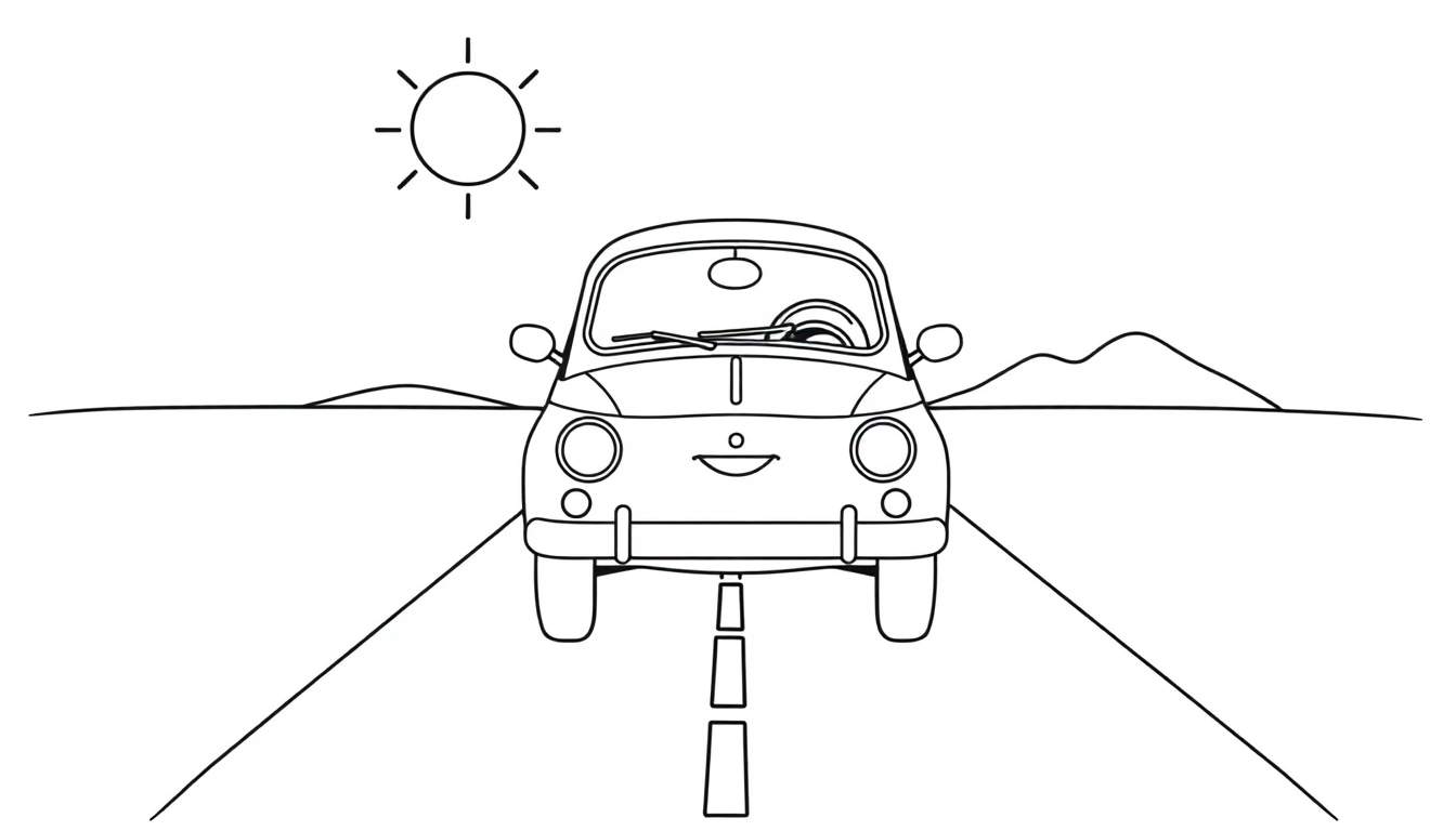 A cute black and white Fiat 500 car with big eyes, driving on a road with a dashed line. Mountains and a sun are in the blurred background of this color panel. The car looks happy in this peaceful color panel.
