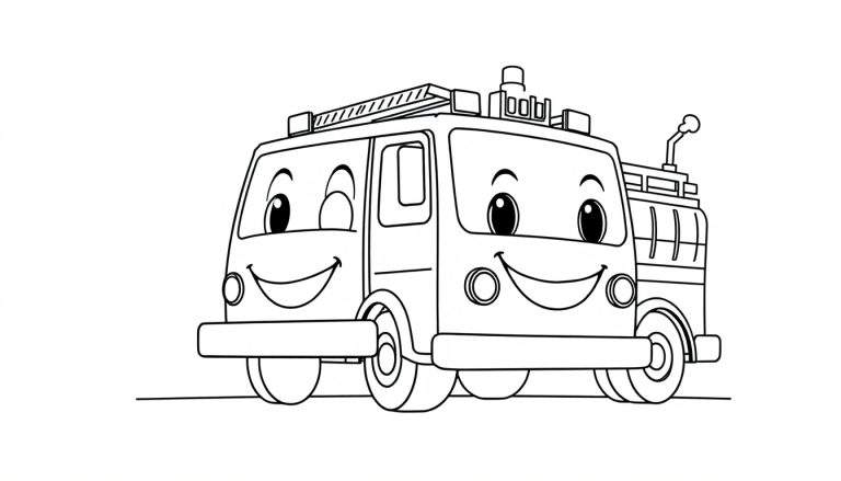 A friendly black and white fire engine with a smiling face, ready for coloring. This color panel is perfect for little artists.