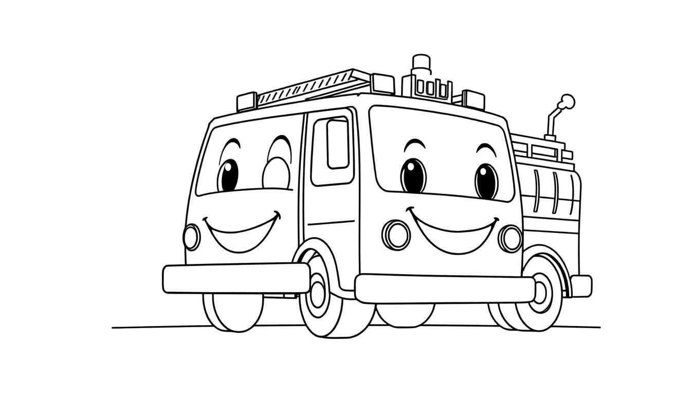 A friendly black and white fire engine with a smiling face, ready for coloring. This color panel is perfect for little artists.