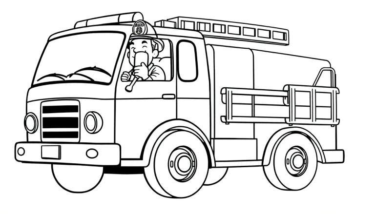 A smiling firefighter in a black and white color panel drawing of a fire truck, holding a microphone.