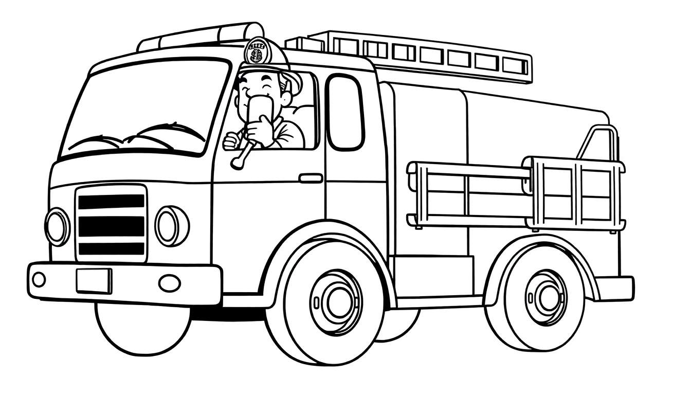 A smiling firefighter in a black and white color panel drawing of a fire truck, holding a microphone.